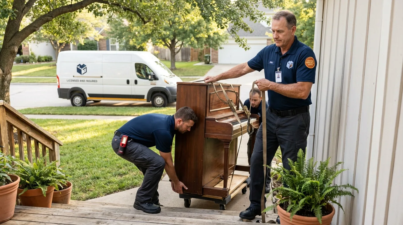 Licensed piano movers securing grand piano in Mogadore, OH