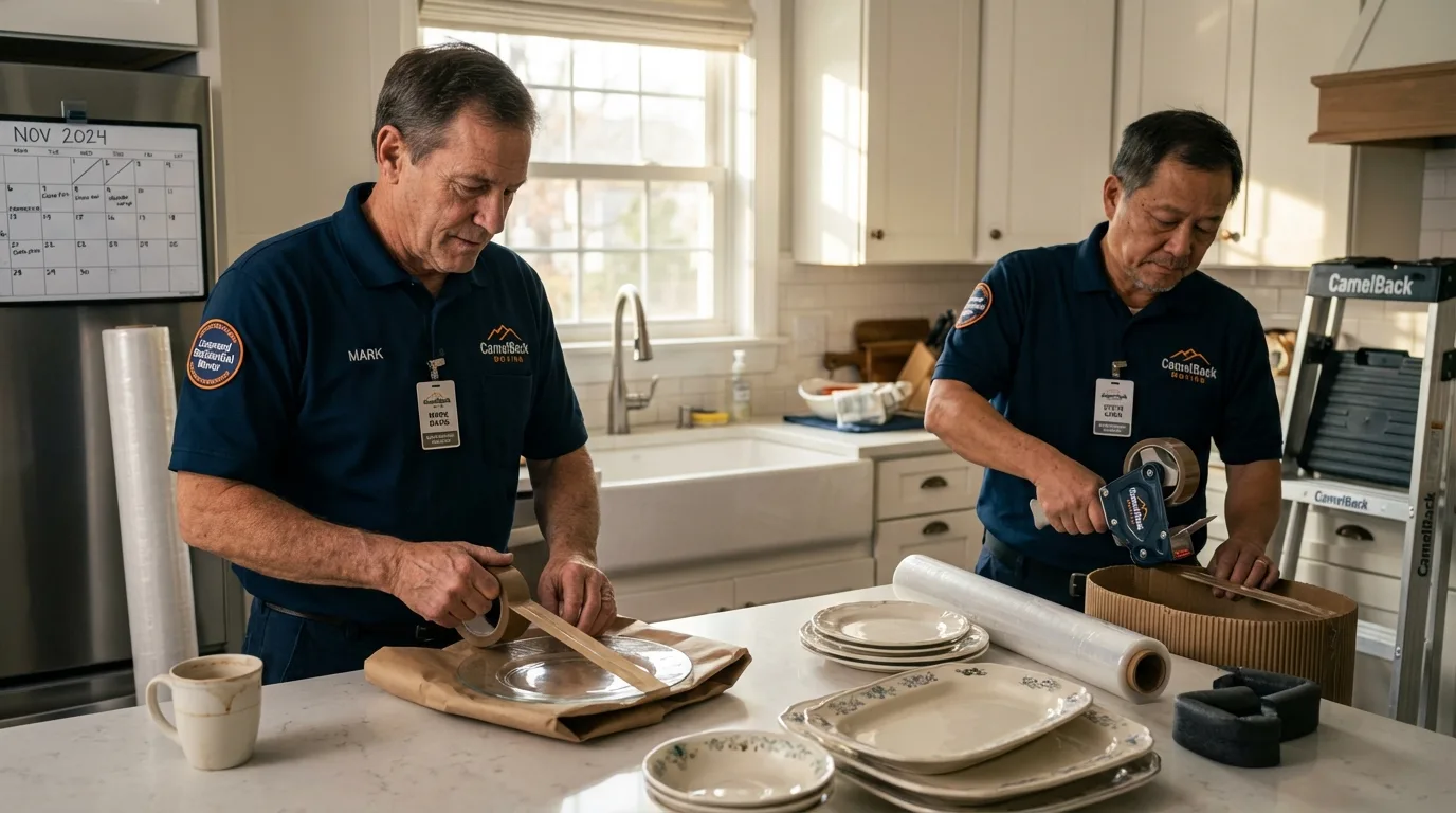 Professional crew packing kitchen dishware in Mogadore, OH